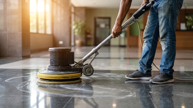 The floor-cleaning machine at work on a tiled floor