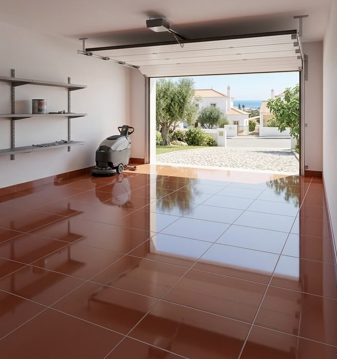 Home garage tiled floor after cleaning — tyre marks lifted