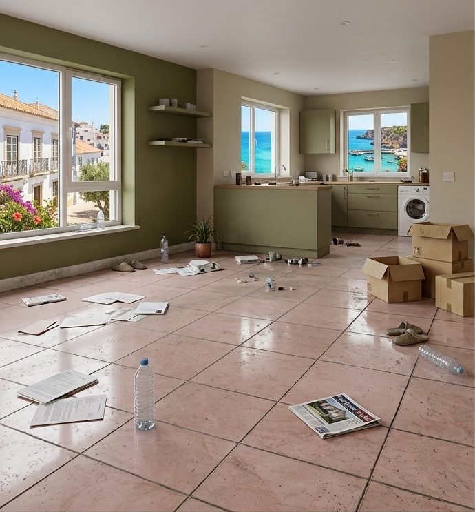 Home open-plan floor before deep-cleaning — tired grout